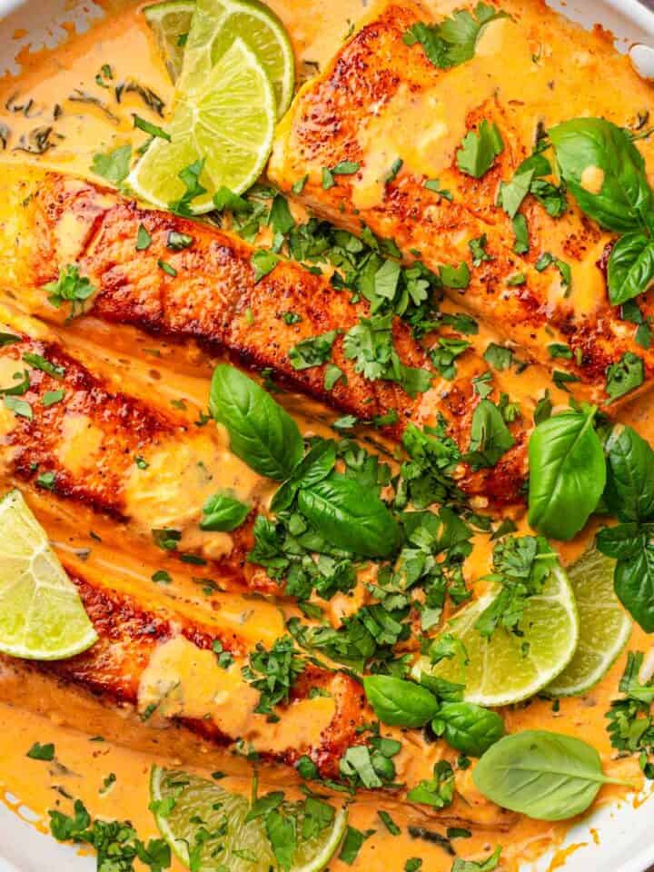 Thai salmon curry with coconut milk and spinach.