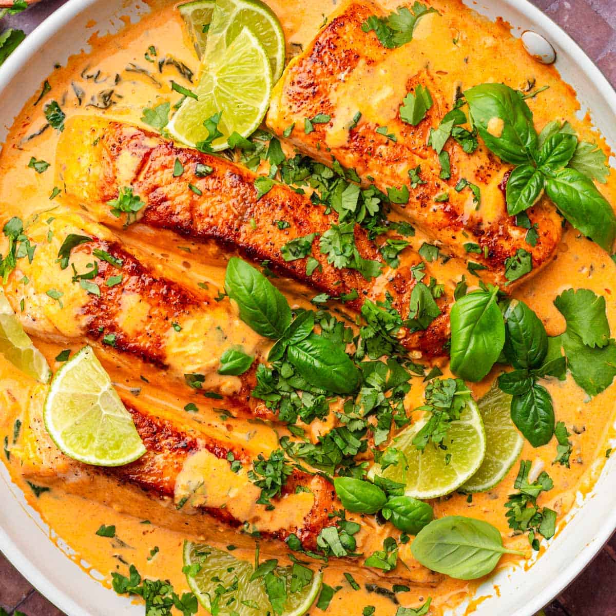 Thai salmon curry with coconut milk and spinach.