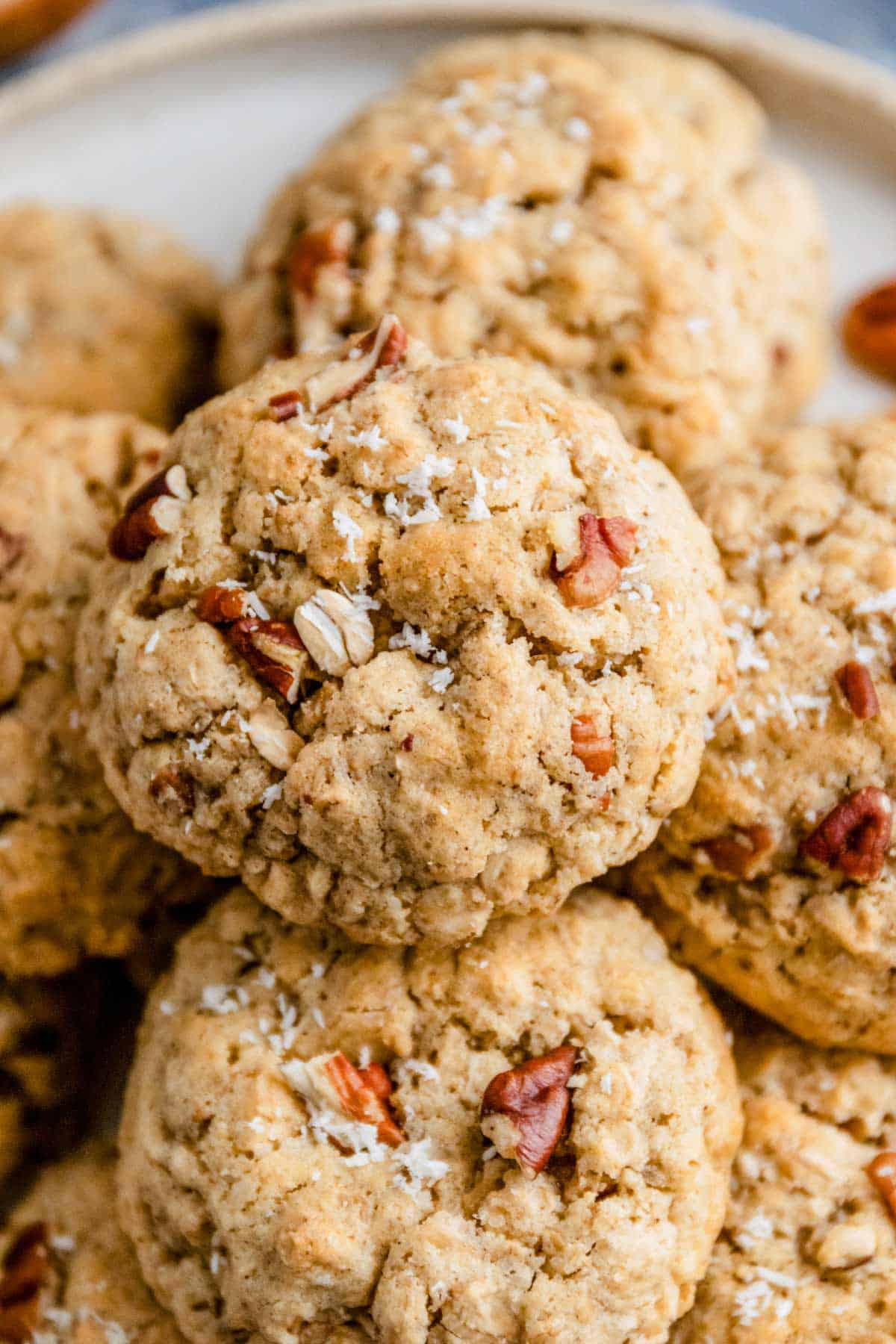 a stack of coconut pecan cookies