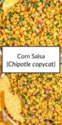 Chipotle corn salsa in a bowl with cilantro, red onion, and jalapeño, topped with text overlay reading “Chipotle Corn Salsa.