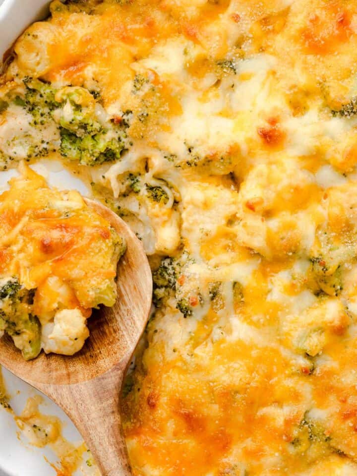 Broccoli cauliflower casserole with melted cheese layer.