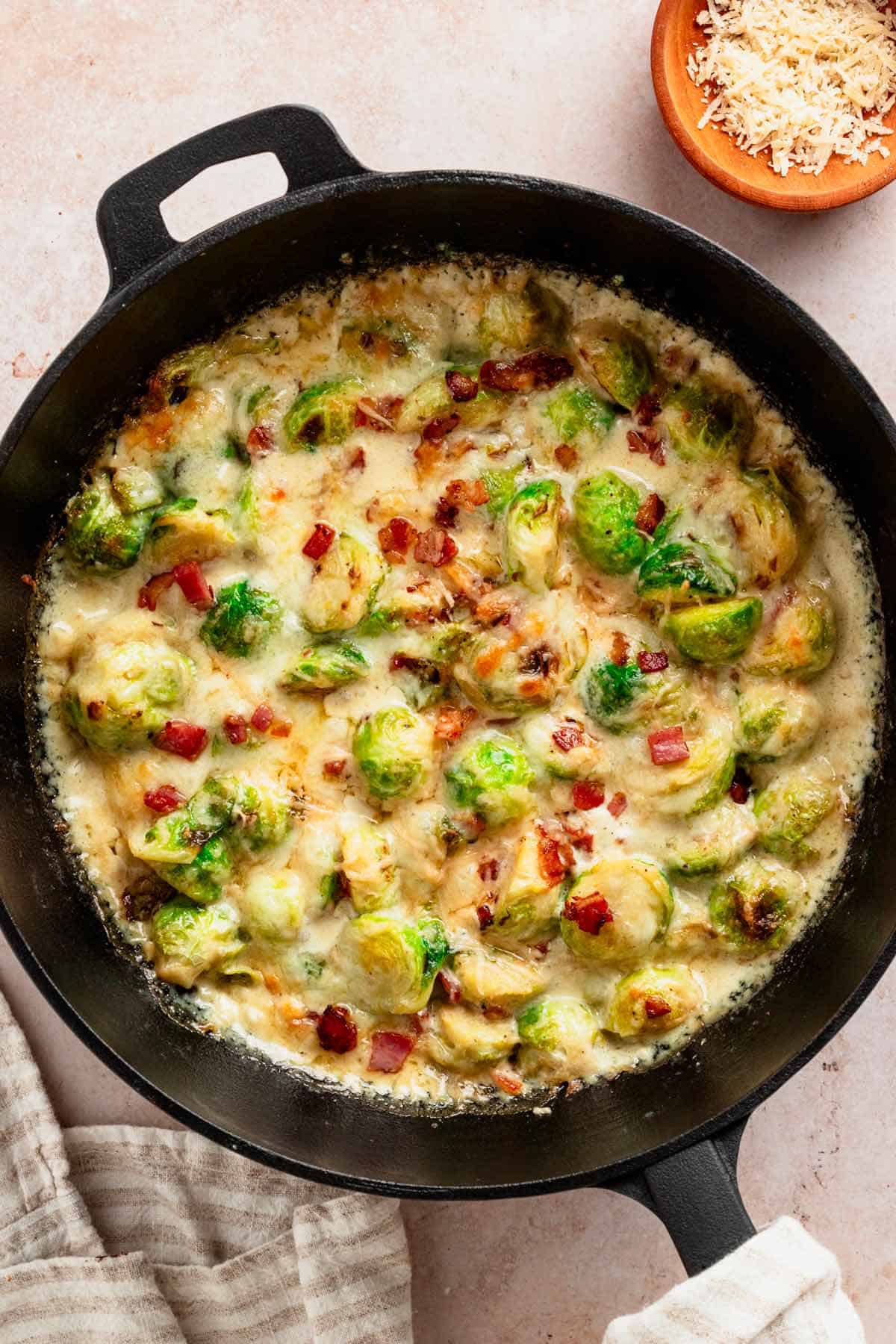 creamy brussel sprouts with bacon skillet.