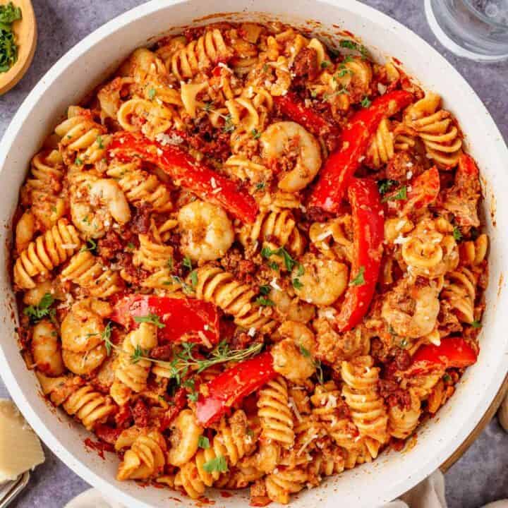 creamy cajun shrimp pasta with sausage.