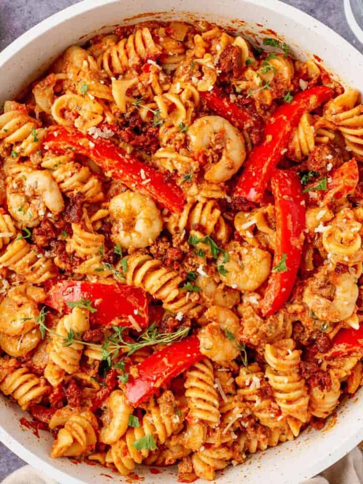 creamy cajun shrimp pasta with sausage.