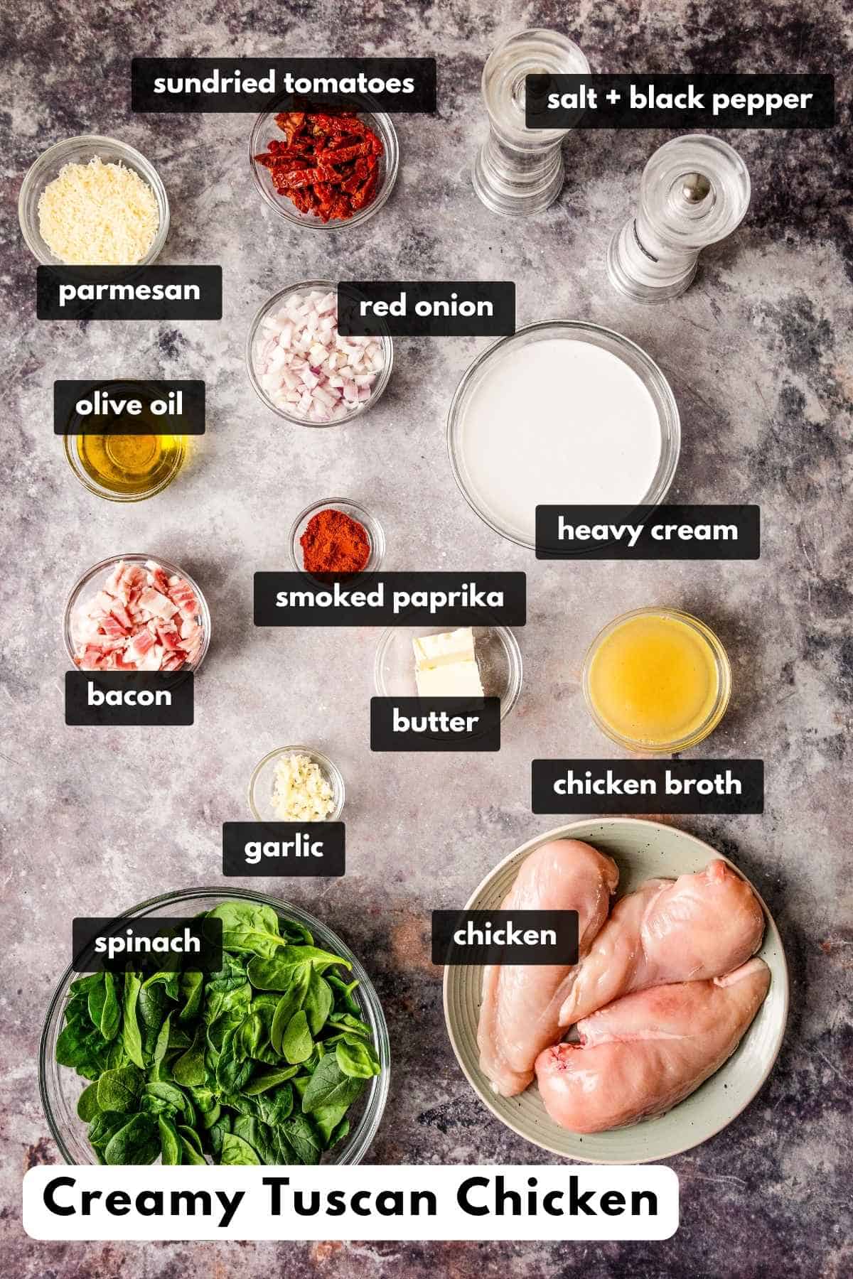 creamy tuscan chicken ingredients with labels