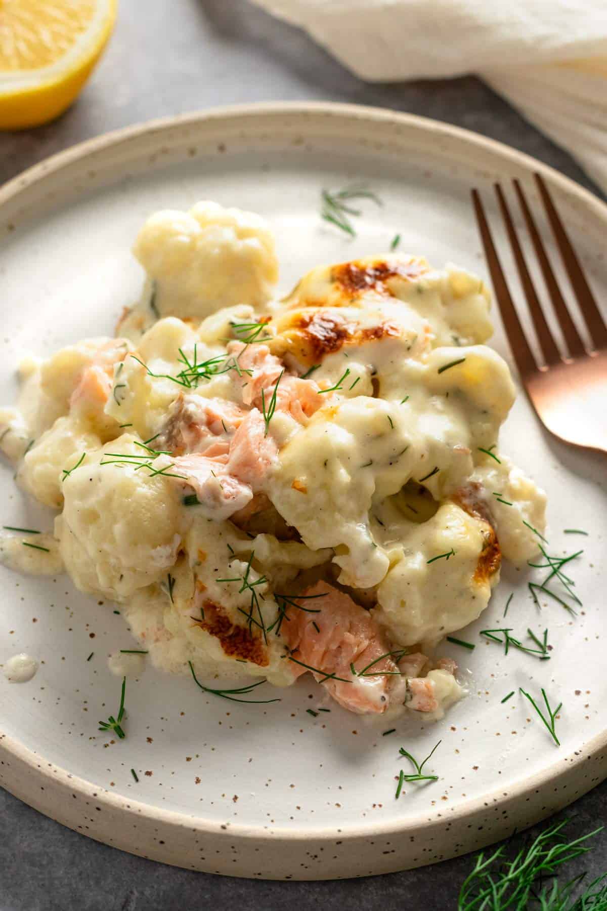 salmon gratin served on a plate.