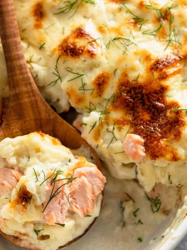 salmon vegetable casserole in baking dish.