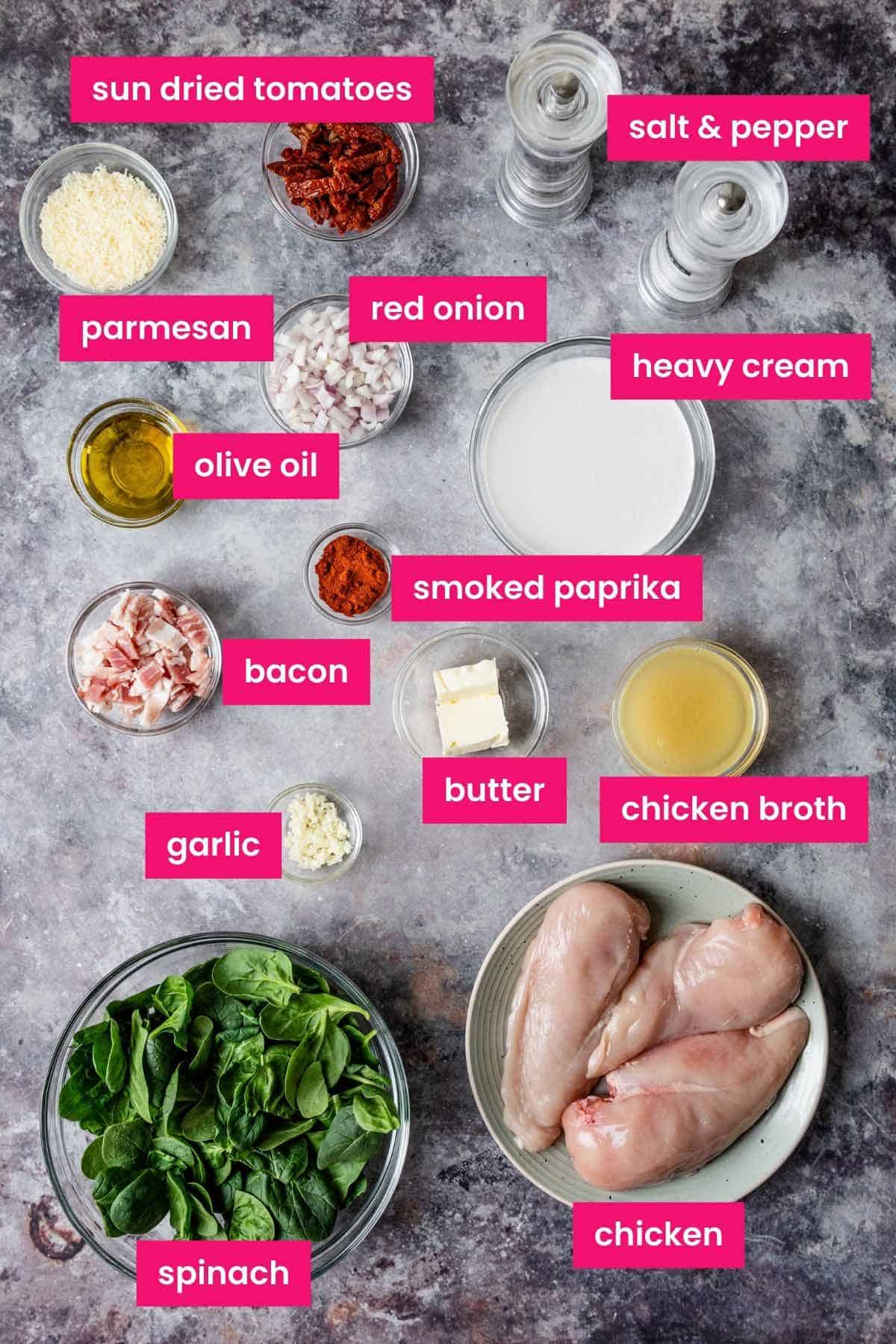creamy tuscan chicken ingredients with labels