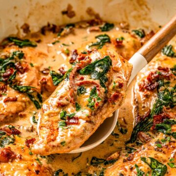 creamy chicken tuscan in skillet