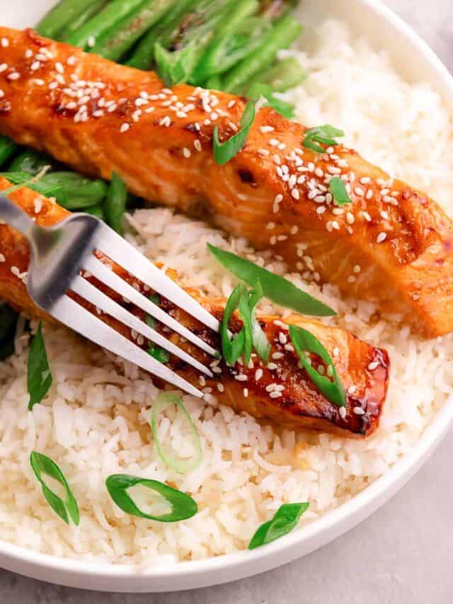 air fryer salmon with teriyaki sauce.