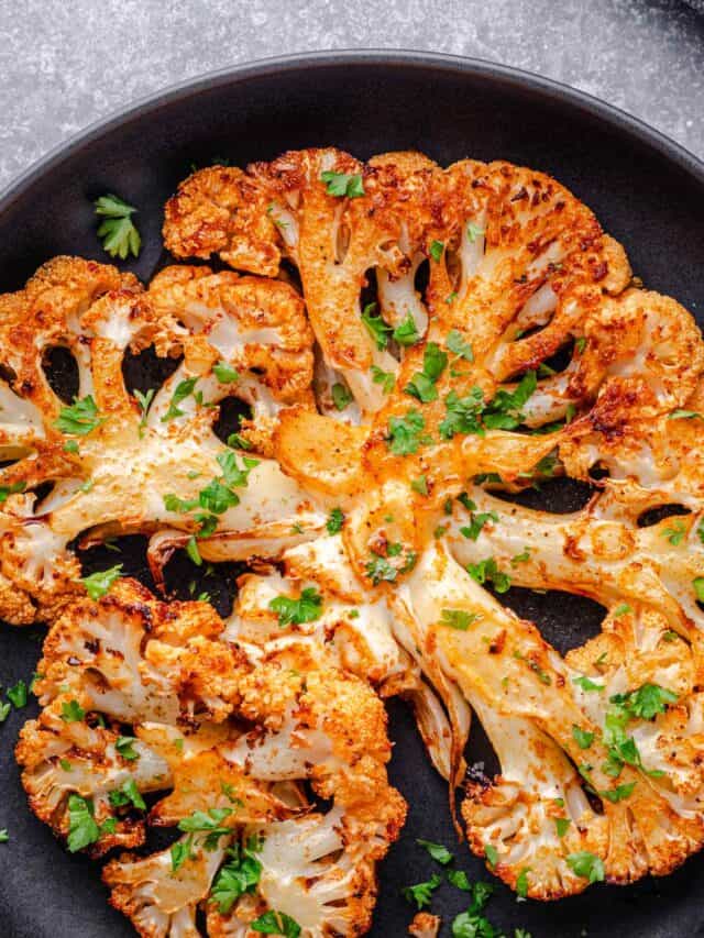 Golden brown Roasted Cauliflower Steaks.