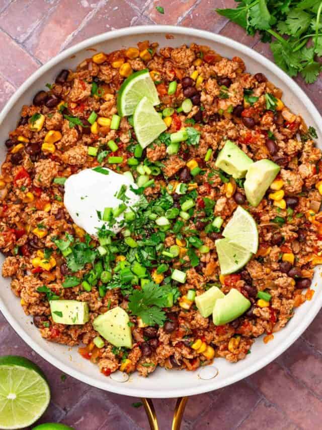 Easy ground turkey skillet with beans and avocado.