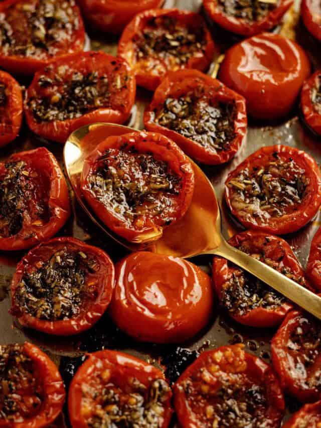 Tomato Confit on a sheet pan.