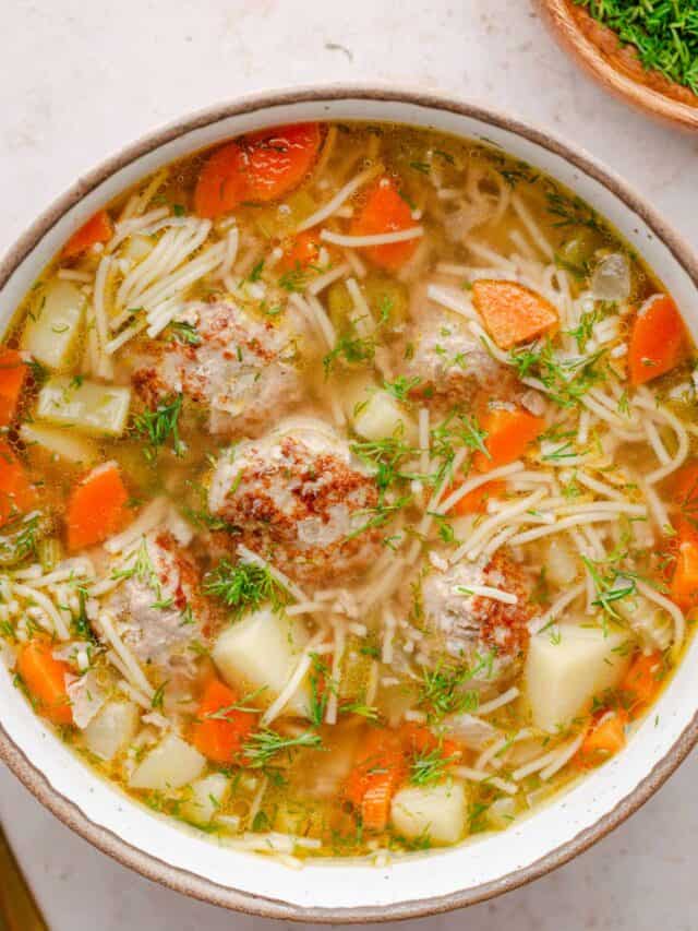 ground turkey meatball soup with vermicelli noodles.