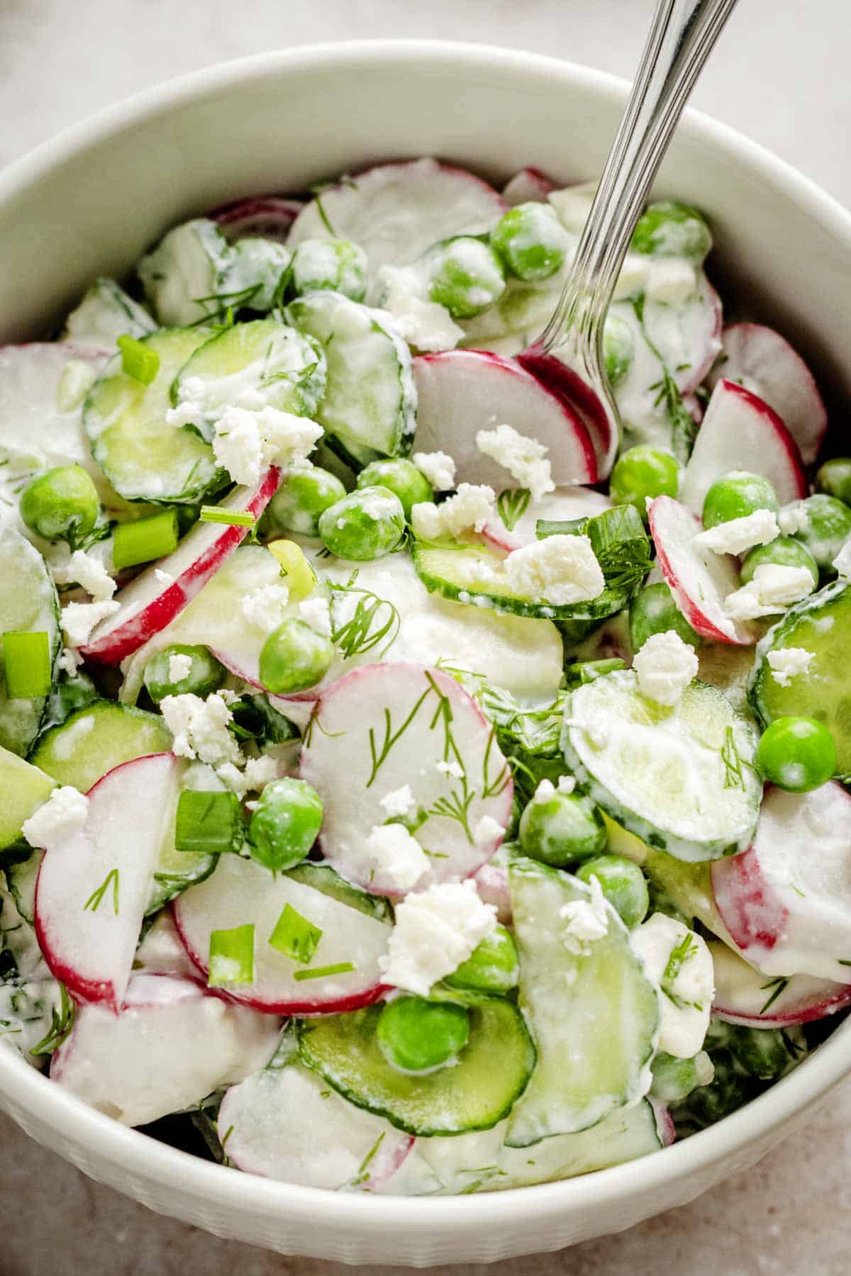 Creamy cucumber pea and radish salad.