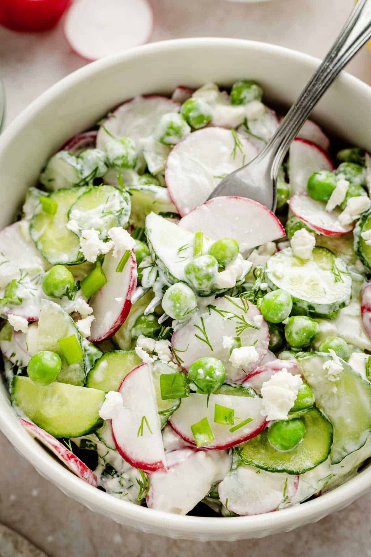 Creamy cucumber pea and radish salad.
