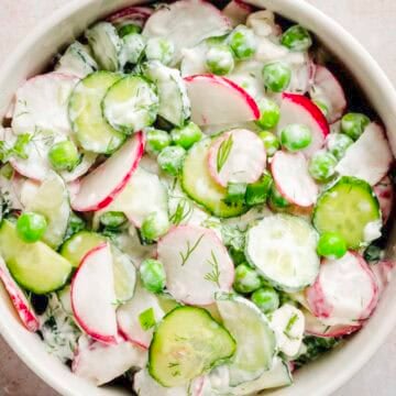 Creamy cucumber pea and radish salad.