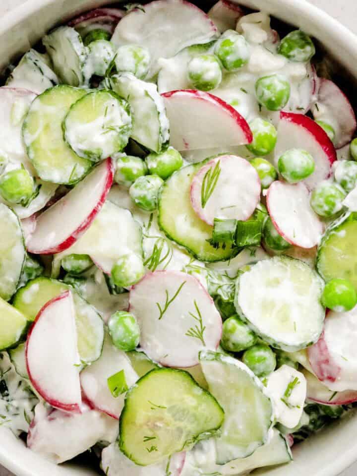 Creamy cucumber pea and radish salad.