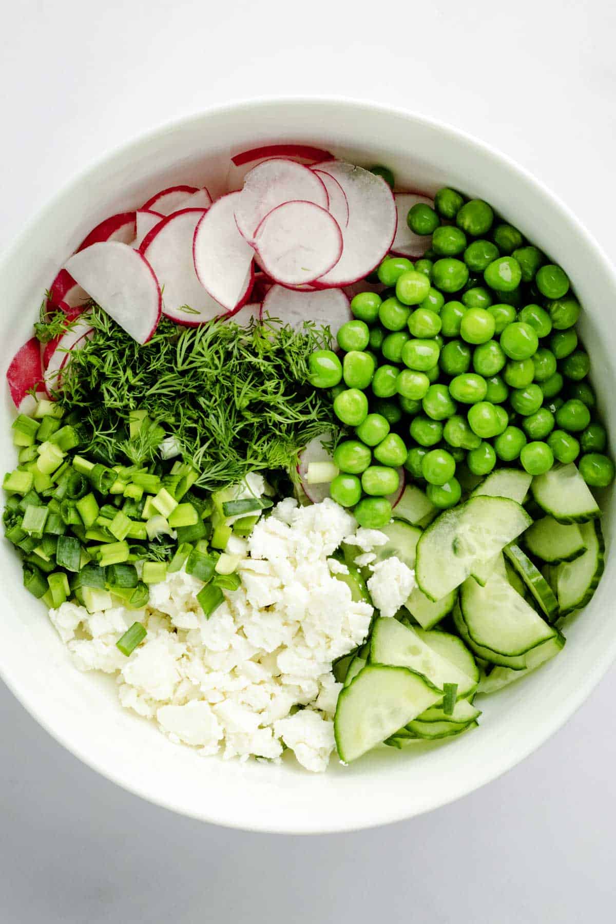 Creamy cucumber pea and radish salad.
