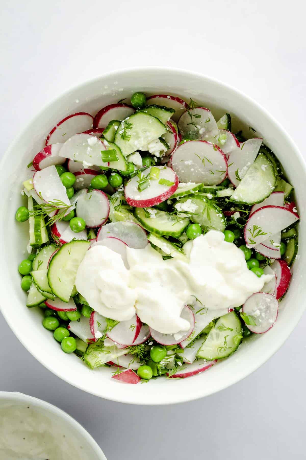Creamy cucumber pea and radish salad.