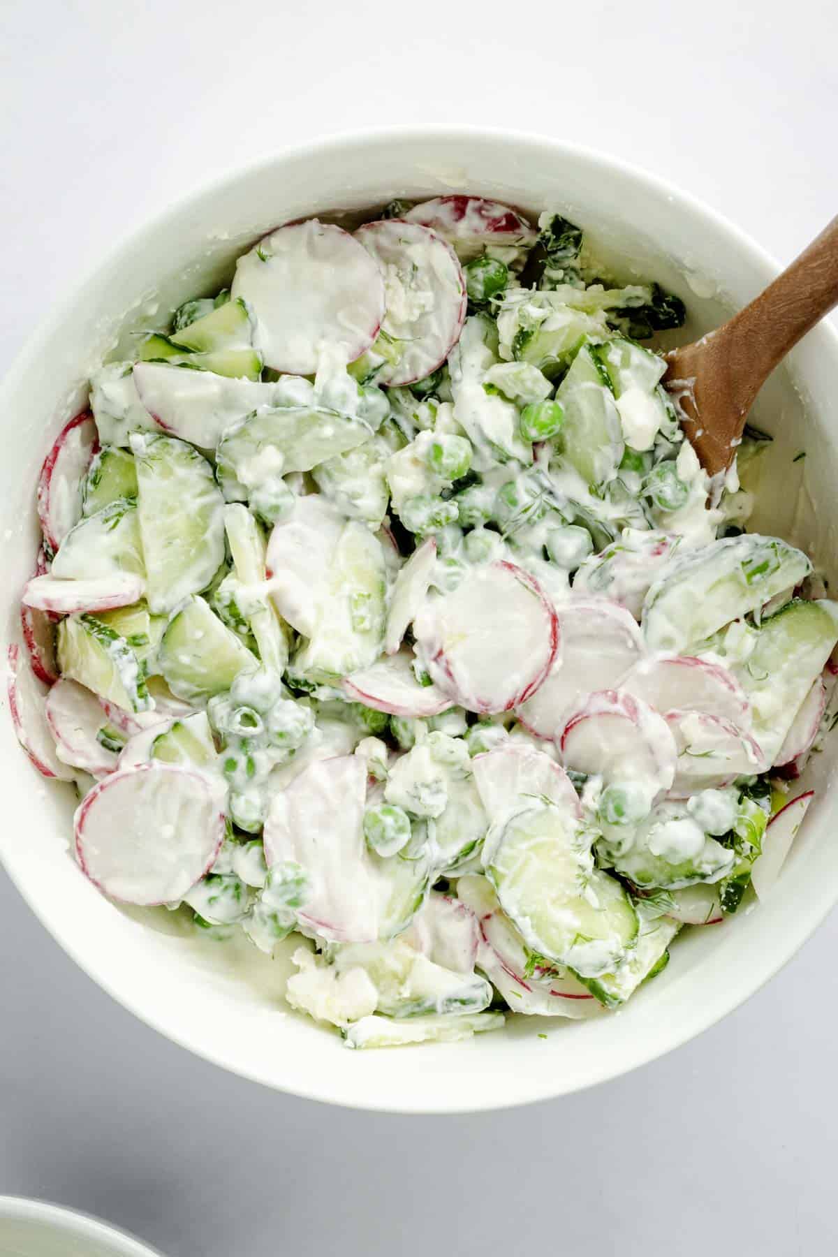 Creamy cucumber pea and radish salad.