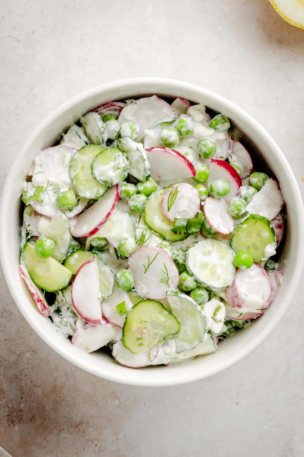 Creamy cucumber pea and radish salad.