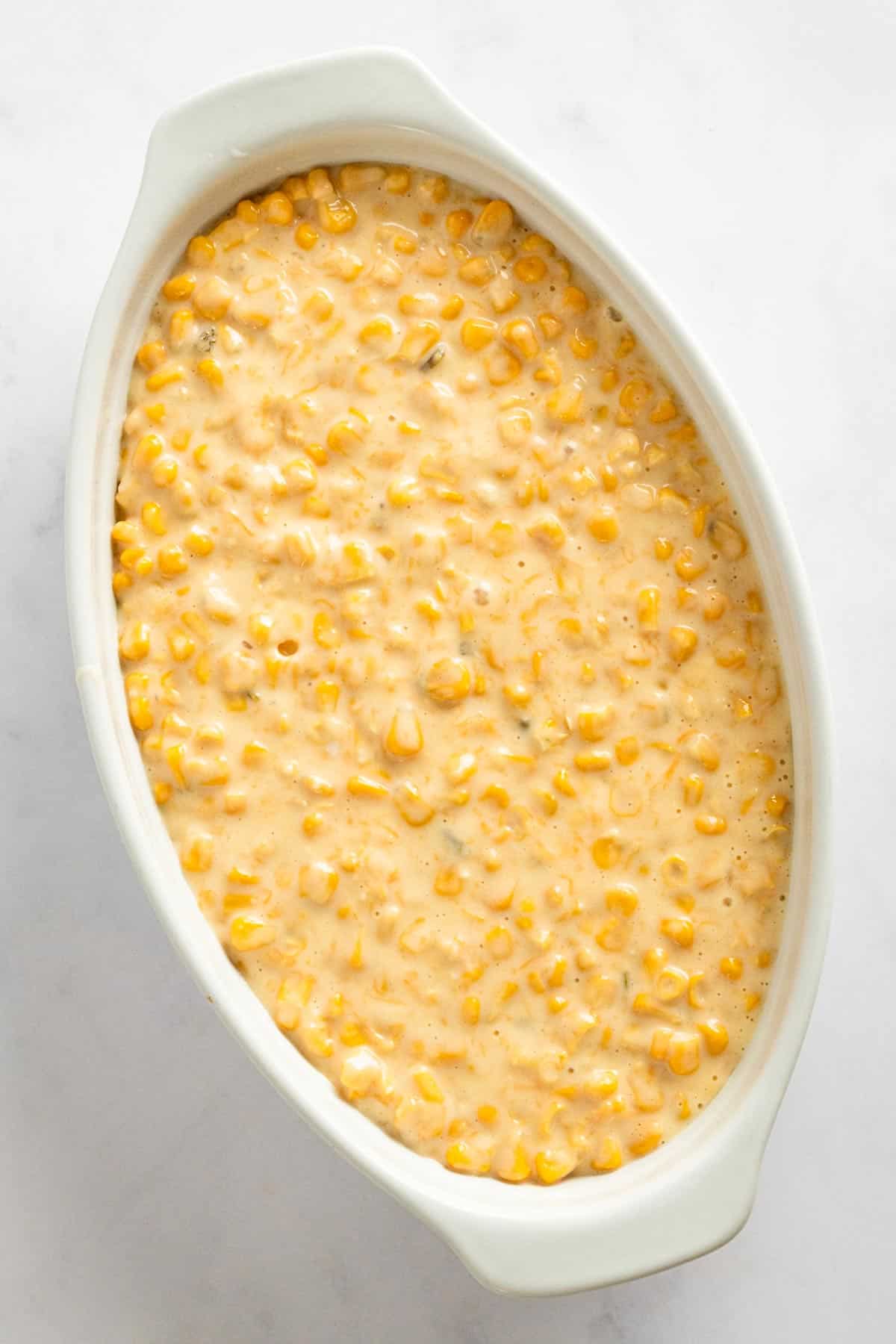 creamed corn transfered to baking dish.