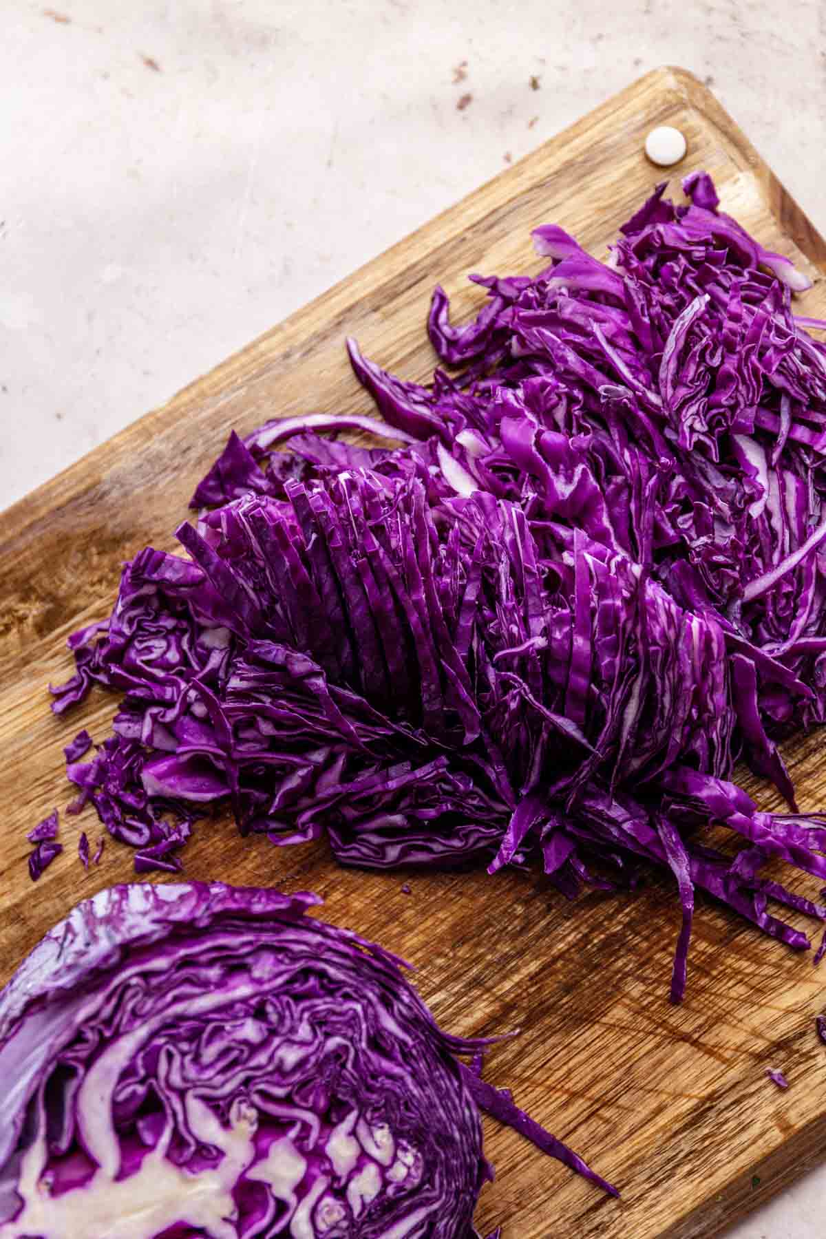 Shredded red cabbage.