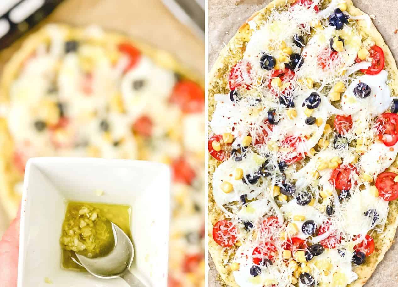 This Easy Basil Pesto Flatbread is very easy to make and has all the best ingredients - cherry tomatoes, onion, corn, olives, garlic oil, spinach leaves, mozzarella. This flavorful flatbread with roasted tomatoes will be the highlight of your dinner and will be gone from the table in seconds - The Yummy Bowl