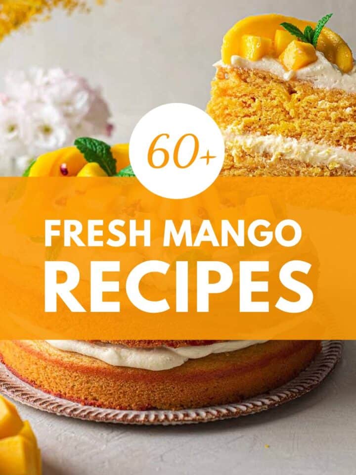 mango recipes and label reads: 60+ fresh mango recipes.