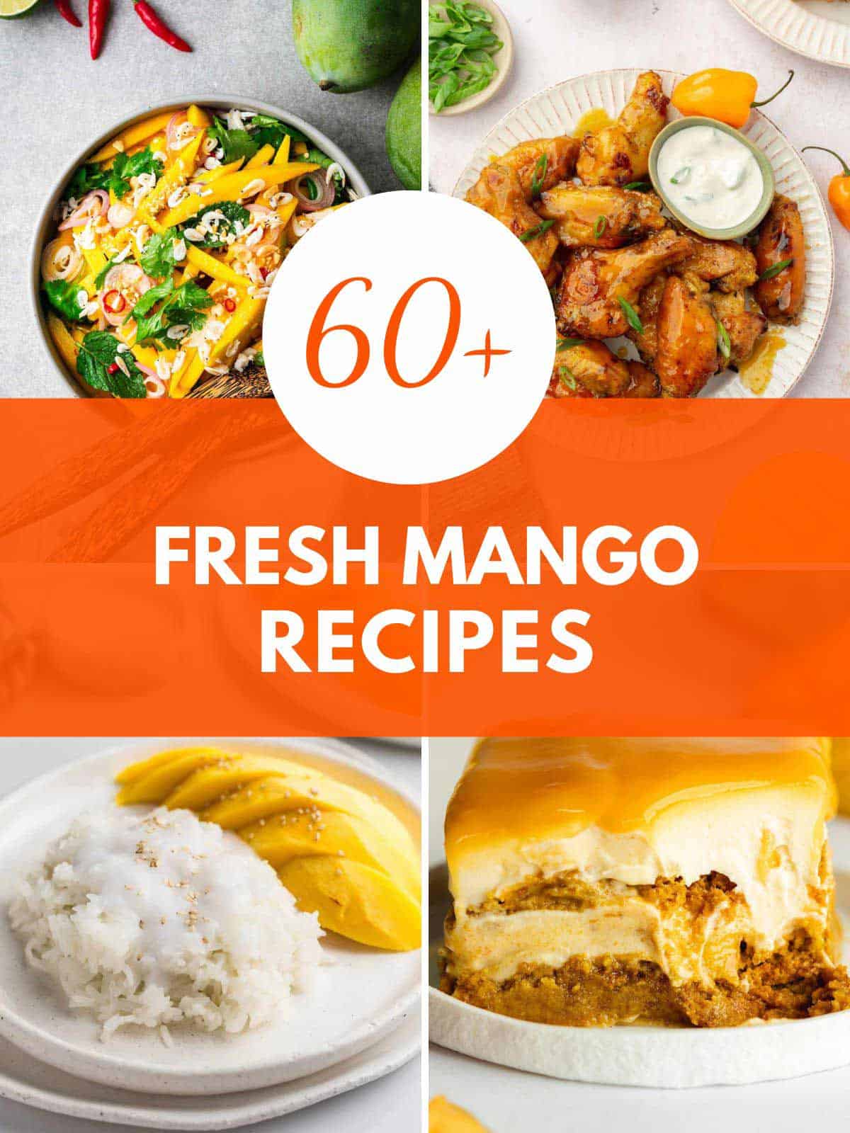 mango recipes and label reads: 60+ fresh mango recipes.