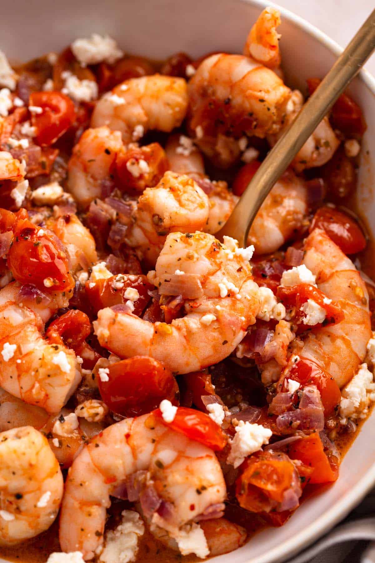 a bowl of sauteed shrimp with tomatoes.