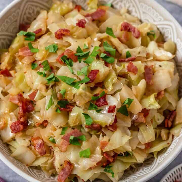 fried cabbage with bacon bowl.
