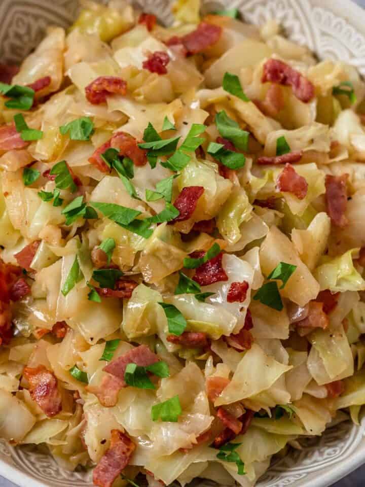 fried cabbage with bacon bowl.