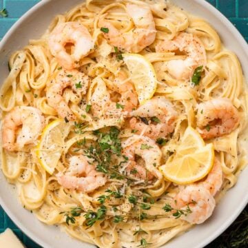 Creamy garlic butter shrimp pasta one pot dinner.