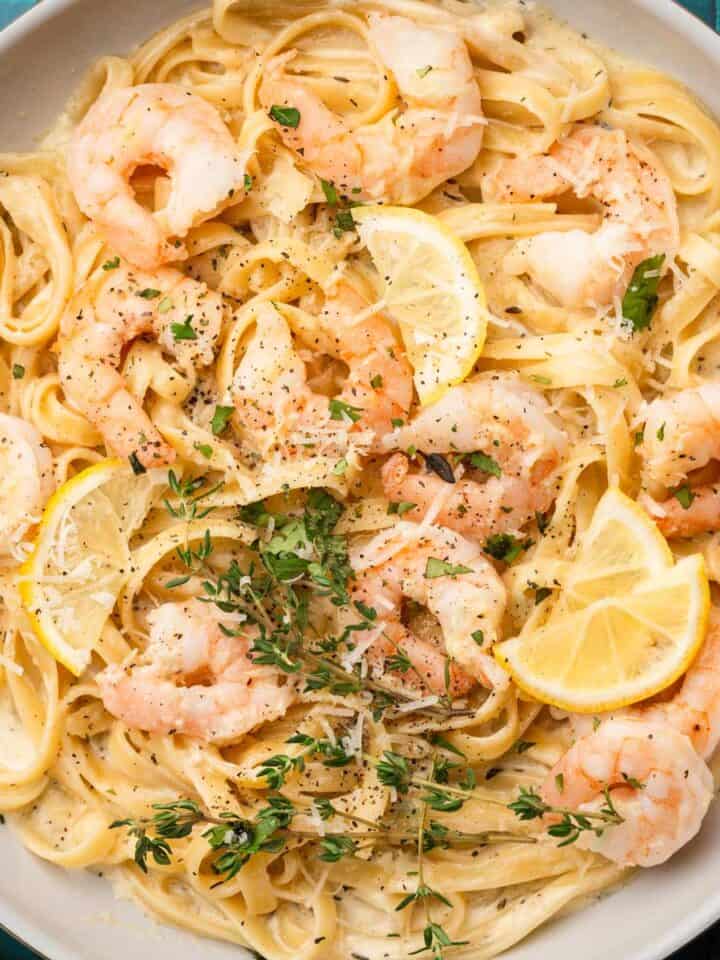 Creamy garlic butter shrimp pasta one pot dinner.
