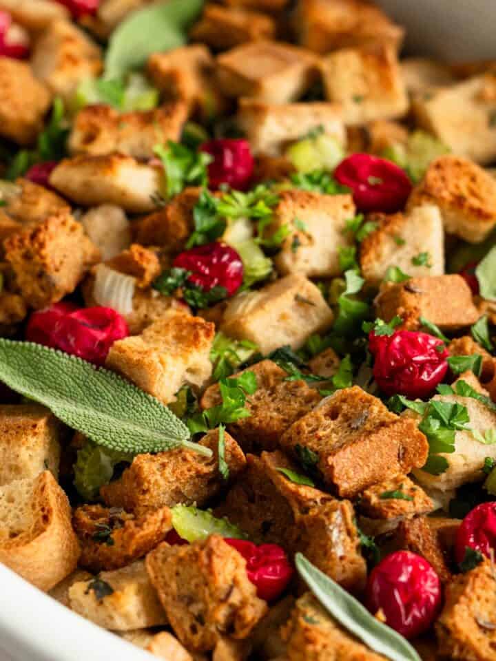 baked gluten free stuffing with cranberries and herbs.