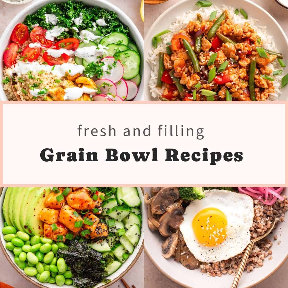 Grain bowls with vegetables, rice, quinoa, avocado, tofu, and egg.