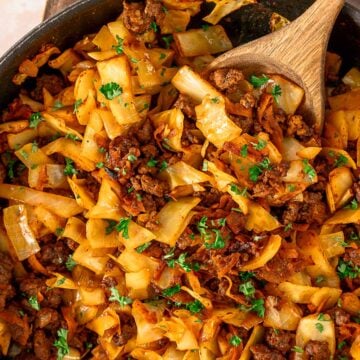 fried ground beef and cabbage in a white bowl angle shot