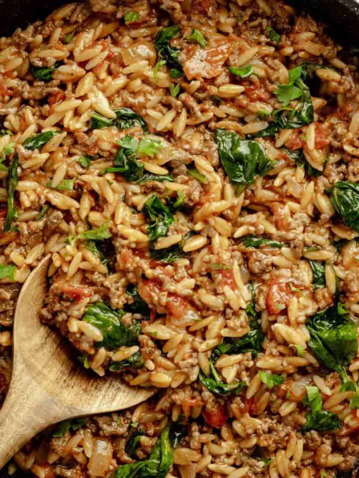 Ground Beef Orzo Skillet.