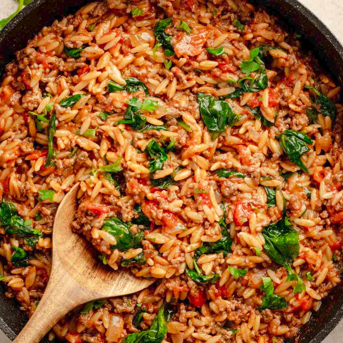 Ground Beef Orzo Skillet.