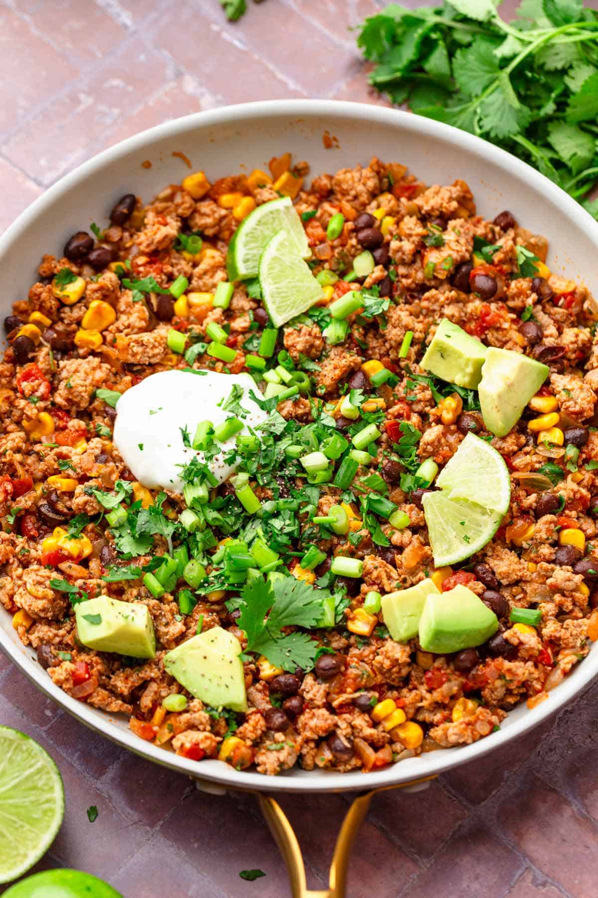 One Pot ground turkey skillet with beans and avocado.