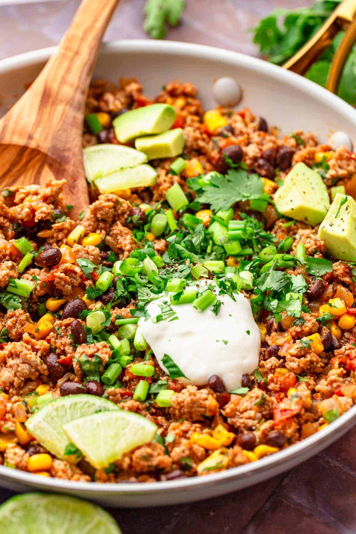 One Pot Easy ground turkey skillet with beans and avocado.