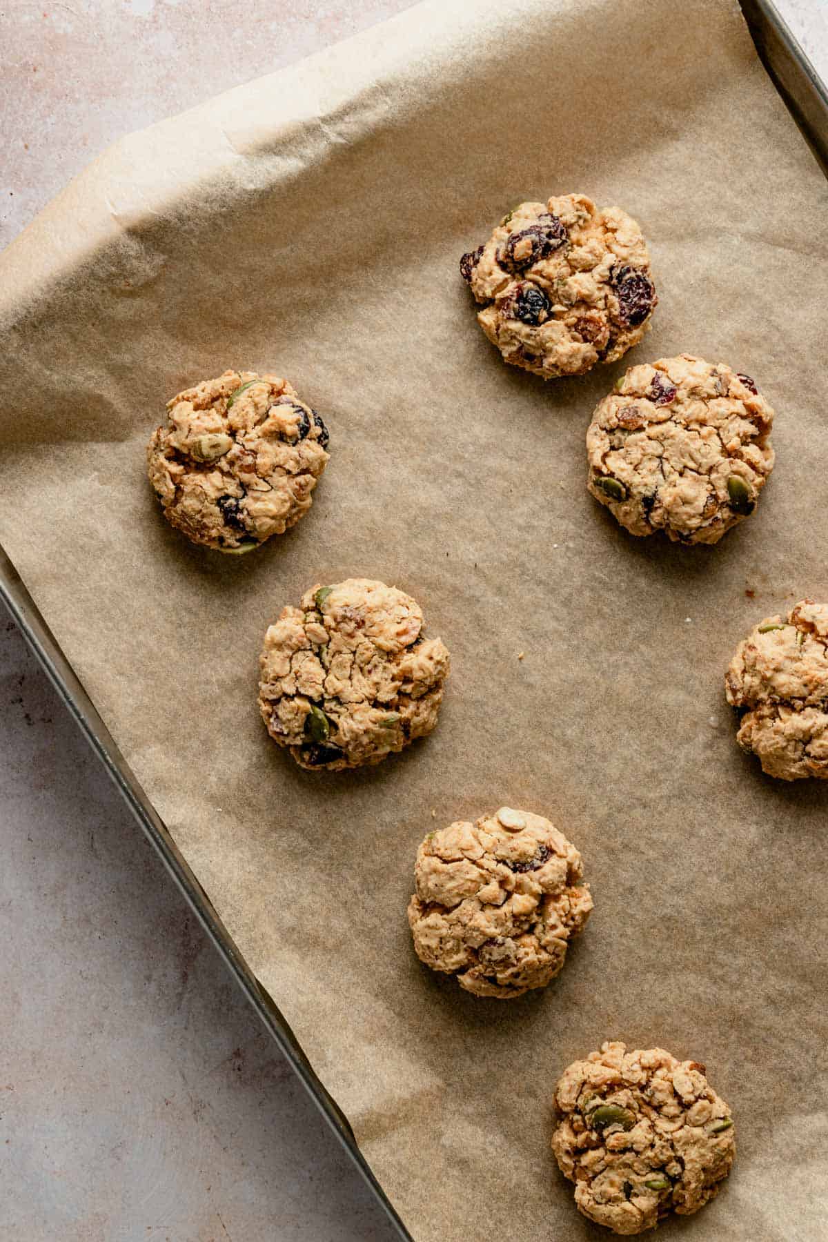 healthy breakfast oatmeal cookies on baking sheet