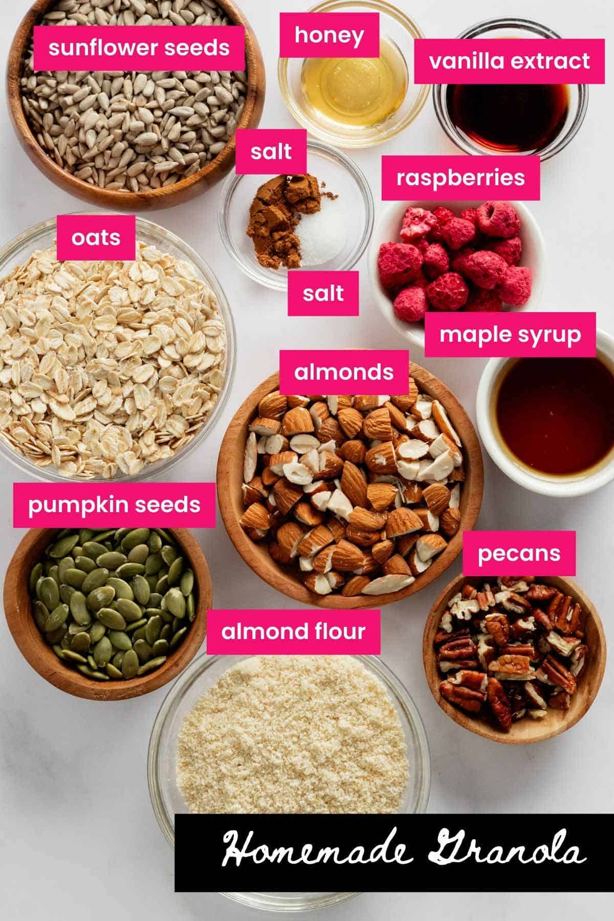ingredients for crispy gluten free healthy homemade granola