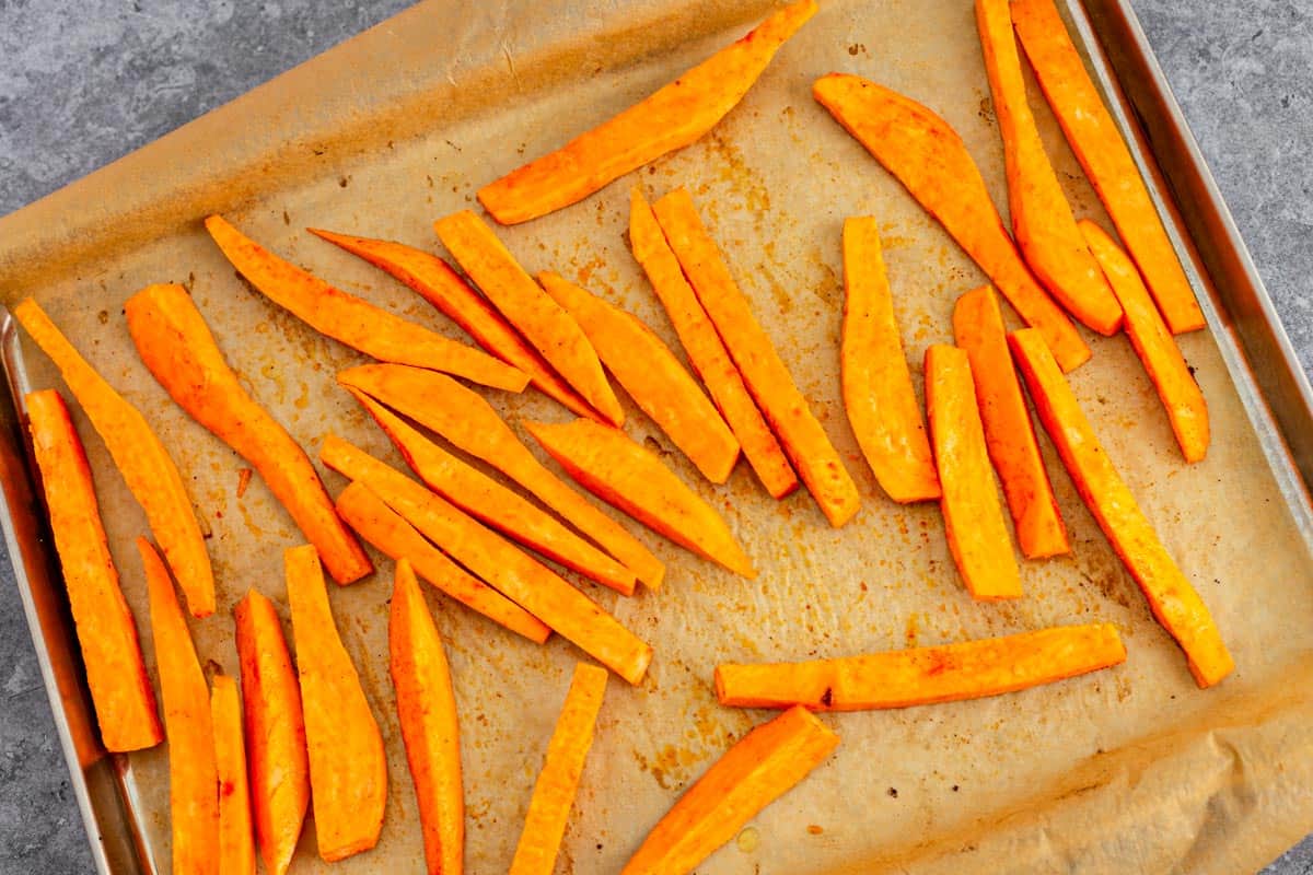 sweet potato fries on baking sheet.