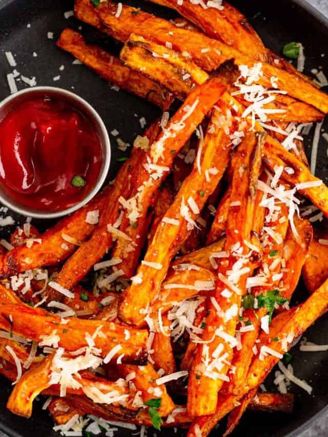 parmesan sweet otato fries in a bowl.