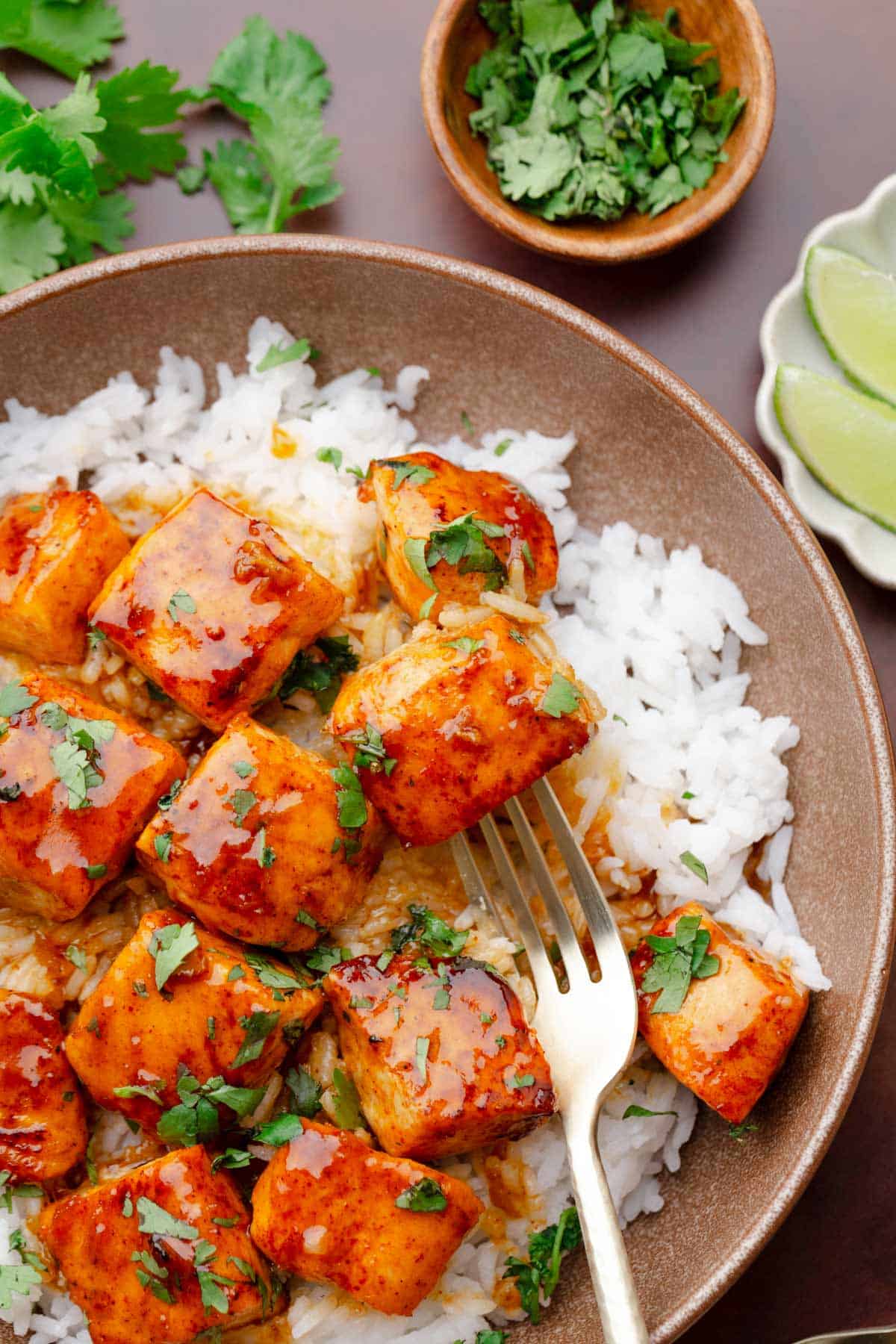 hot honey salmon bites with rice bowls.