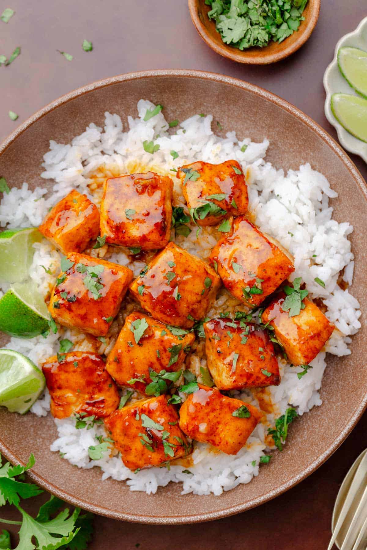 hot honey salmon bites with rice bowls.