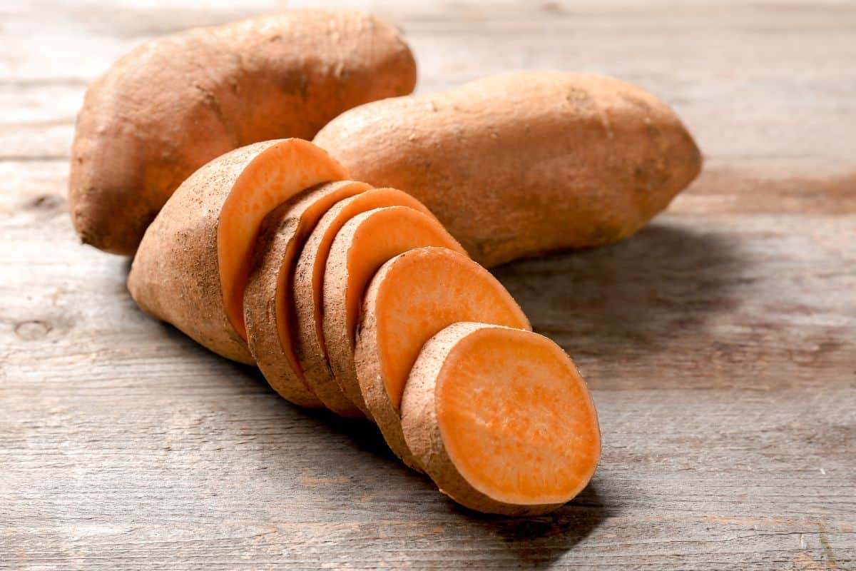 sliced raw sweet potatoes.